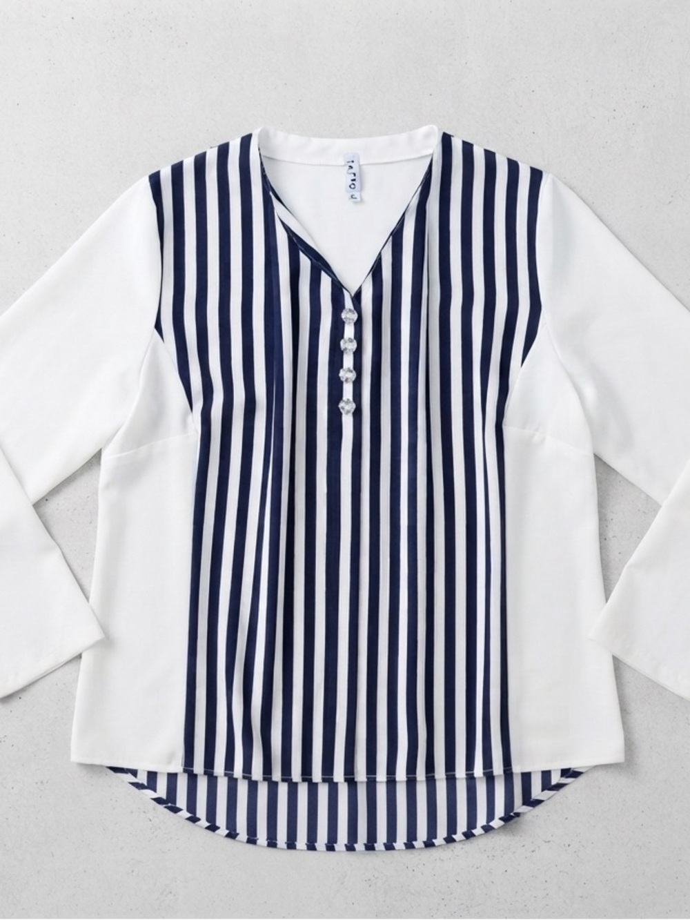 Vintage Luxe Navy Blue White Striped Blouse Long Sleeve Button V-Neck Plus Size